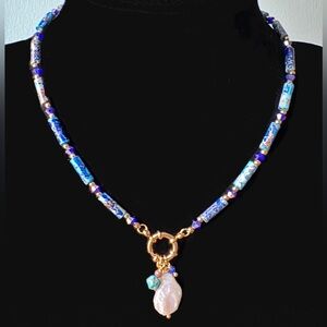 🌹HP🌹Just in💕 NEW Blue Natural Stone Long Heishi Necklace w Real Genuine Pearl
